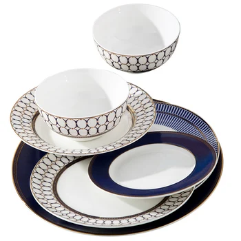 

Glazed Ceramic Dinner Set Porcelain Cake Plate Soup Bowl Fine Bone China Hand Drawn Pattern