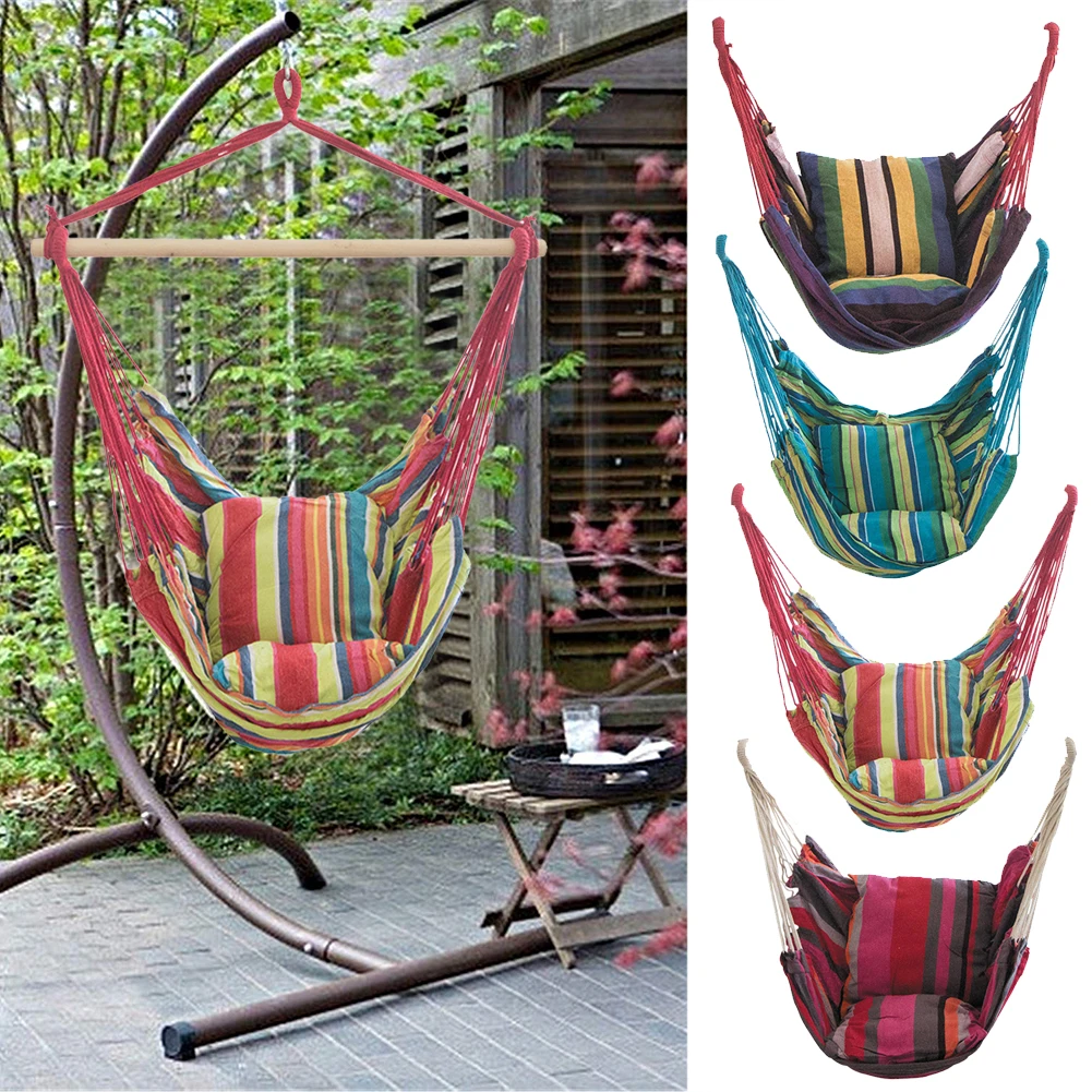 

Portable Striped Canvas Garden Hanging Hammock Chair Dormitory Swing Seat w/Pillows Hanging Bed Hunting Sleeping Swing