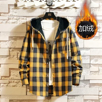 

Plaid Casual Hooded Men Shirt Thicken Black Long Sleeve Men Clothes Koszula Japanese Mens Clothing Large Size Spring BB60NCS