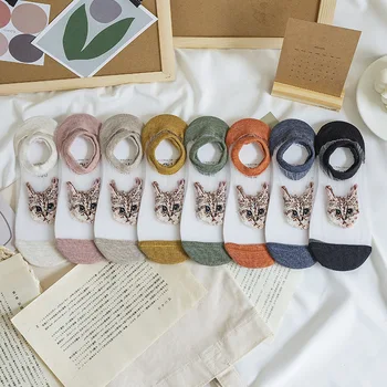

Women Cotton Socks Spring Summer Fashion Glass Filament Cat Embroidery Female Socks Transparent Girl Ankle socks