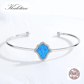

Kaletine 925 Sterling Silver Bracelet Bangles for Women Luck Hamsa Fatima Blue Synthetic Opal Open Snake Chain Fashion Jewelry