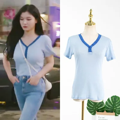 Футболка с V образным вырезом и коротким рукавом|Блузки рубашки| |