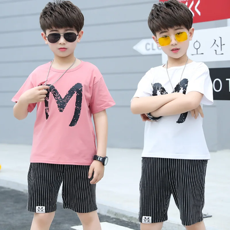 

Boys Tracksuit Suit Fashion Letter Hot Stamping Clothes Summer Children Shirts Tops and Gentleman Stripe Shorts Kids 2pcs Sets