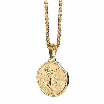 

Julie Wang Stainless Steel Coin Necklace Round Retro 50 Pesos Pendant Women Jewelry High Quality Statement Necklace