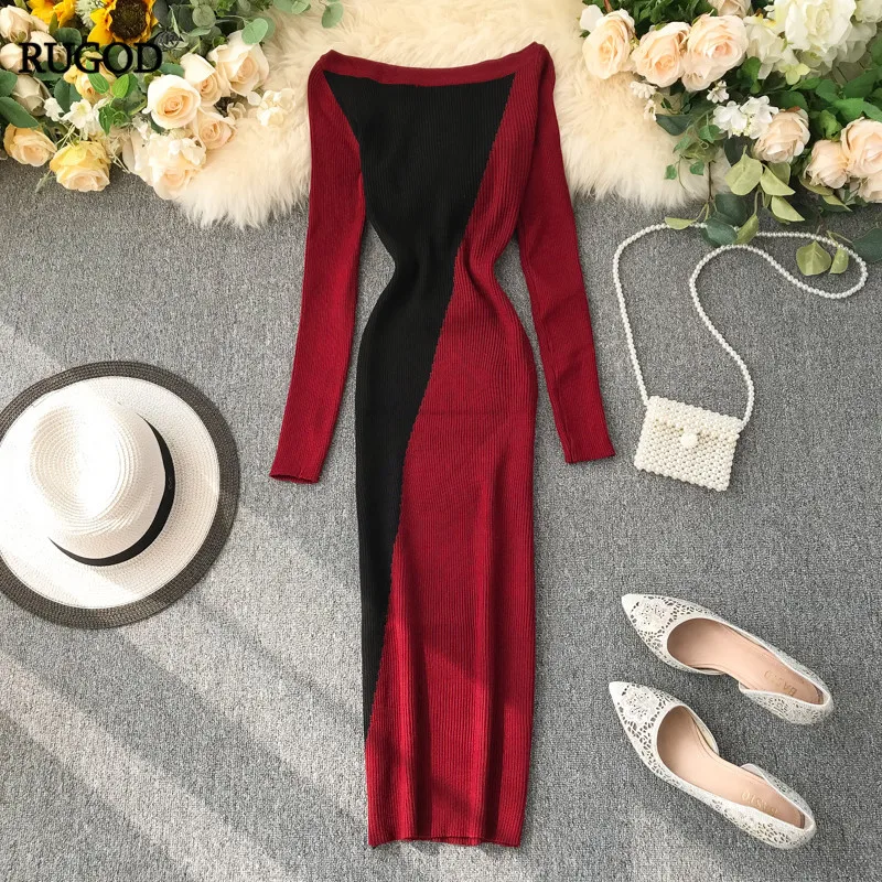 

RUGOD 2019 Korean Style Dress Women Slash Neck Long Sleeve High Waist Contrast Color Madi Dresses Stylish Slim Knitted Vestidos