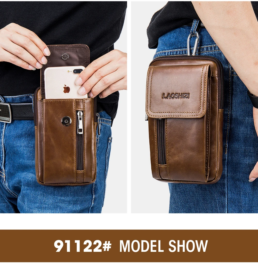LAOSHIZI brand Men Genuine Leather Waist Pack Bag Mini Phone Pockets Case Coin Purse Male Money Bags Shoulder Messenger Bag