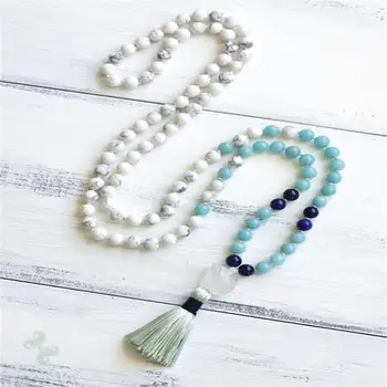 

8mm Howlite Aquamarine Gemstone 108 Beads Mala necklace Wristband Handmade Bless Wrist Fancy energy Buddhism MONK Unisex