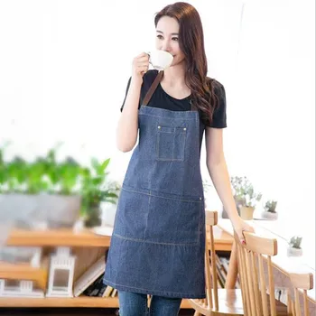 

Denim Apron Nordic Style Coffee Shop Restaurant Floral Hanging Neck Strap Cotton Waist Overalls Korean Home Service