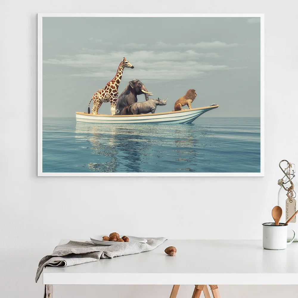 

Lion Giraffe Elephant Poster Cartoon Canvas Painting Sea Travel Art Print Nordic Poster Nursery Prints Picture Kids Room Decor