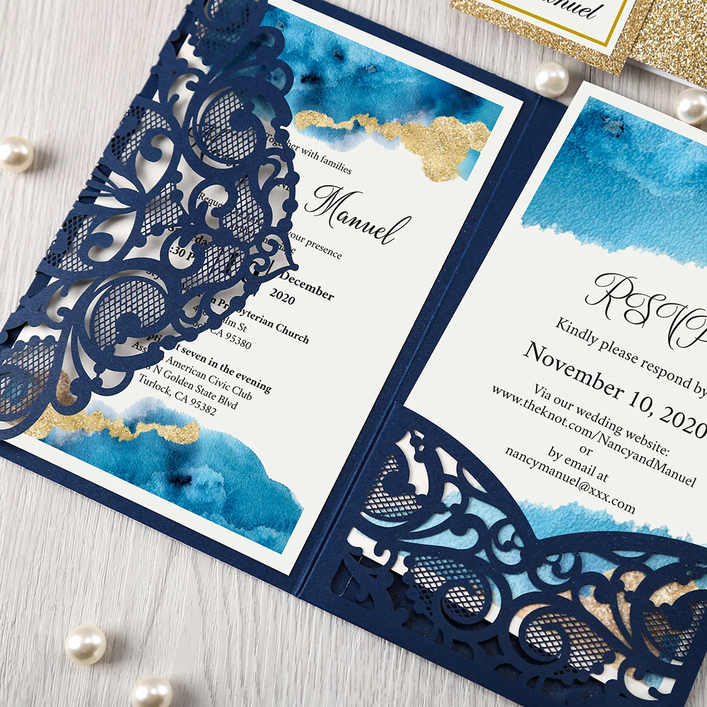  1 pcs Floral Laser Cut Burgundy Navy Blue Wedding Invitation Cards Greeting Card with Gold Band - 4.00037E+12