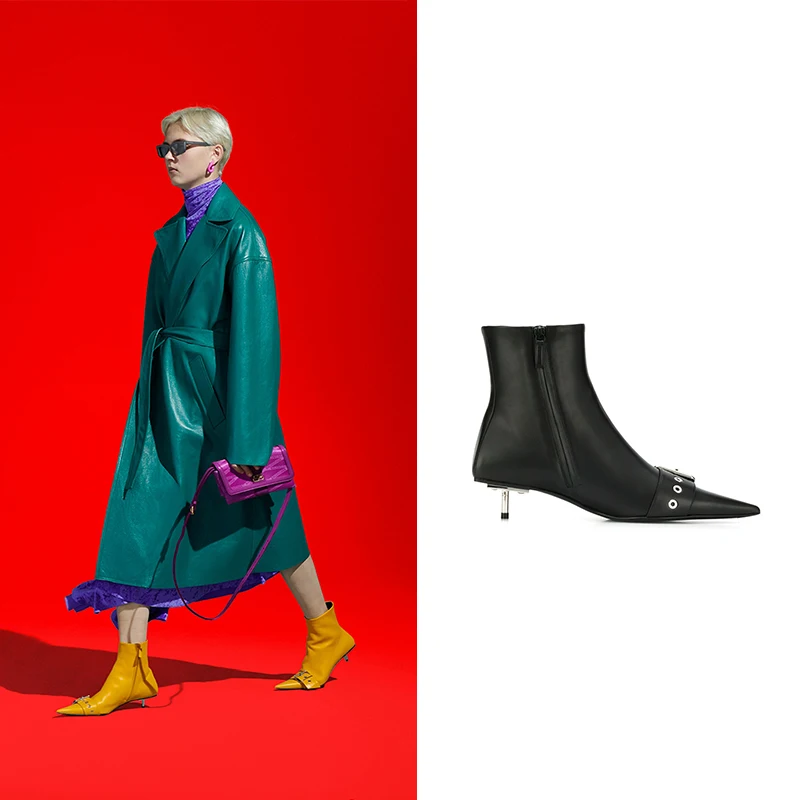 Botines Mujer с острым носком; коллекция года; женские ботильоны с пряжкой и ремешком; модные туфли-лодочки на высоком каблуке; кожаная обувь; Botas Mujer; для подиума; Zapatos De Mujer