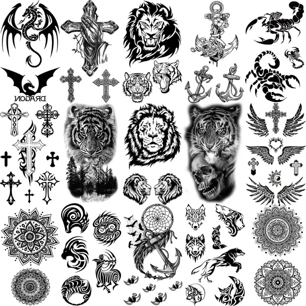 

Lion Tiger Dragon Scorpion Thorn Temporary Tattoos For Adult Men Kids Cross Anchor Mandala Fake Tattoo Neck Arm Hand Small Tatoo