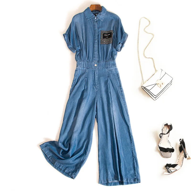 

Safari Style Single-breasted High Waist With Belt Denim Woman Jumpsuit Jump Suits for Women Wide Leg Romper Summer Autumn 2019