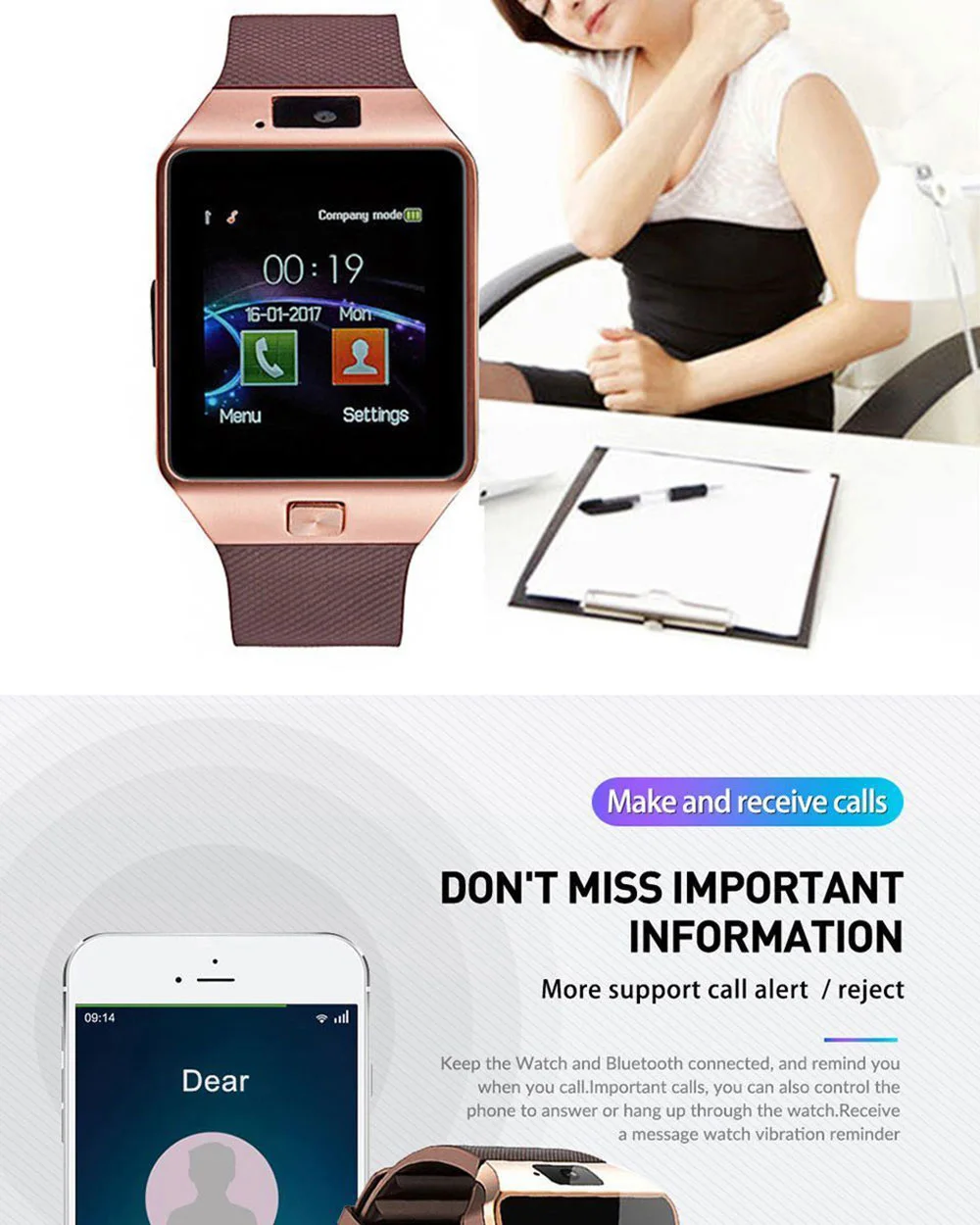 Smart Watch DZ09 Touchscreen Bluetooth Wrist Smart Phone Watch Sports Fitness Tracker Camera Compatible with iOS Android