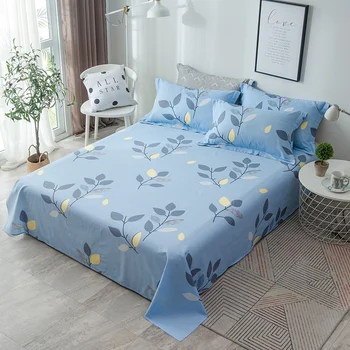 

2019 Blue Leaf Printed Flat Sheet Soft Warm 100% Cotton Bed Sheet Bed Linens Twin Full Queen King Bedclothes Without Pillowcases