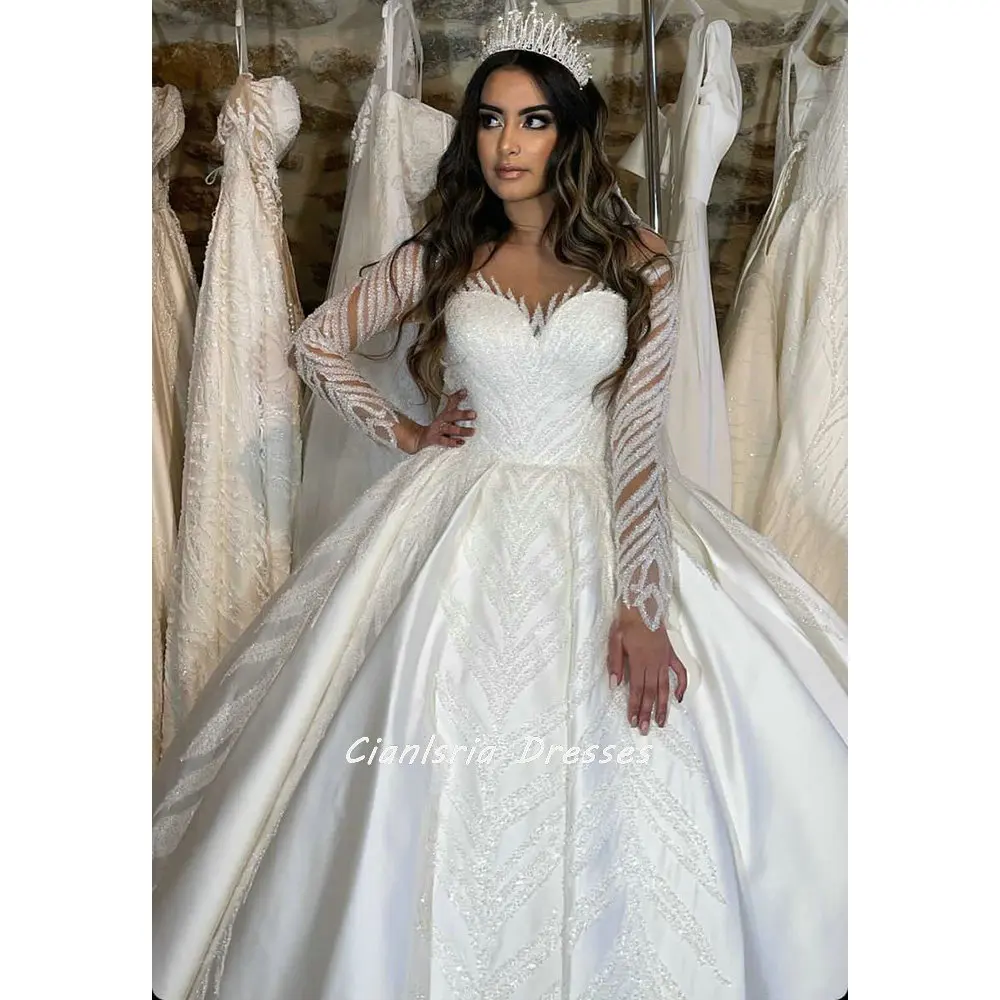 

Newest Sweetheart Beading Sequined Dubai Ball Gown Wedding Dress Illusion Long Sleeve Crystal Saudi Arabic Bridal Gowns