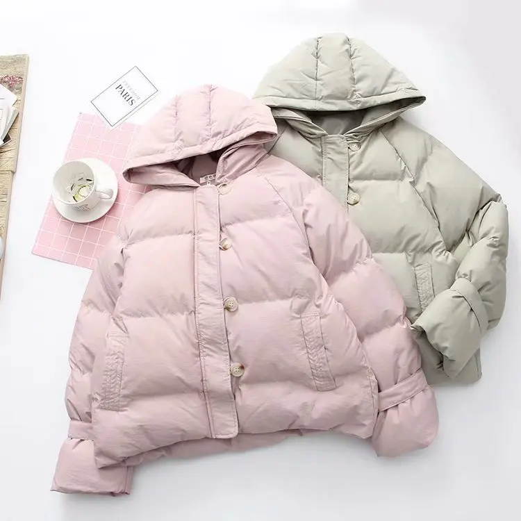 

Korean-style Fall And Winter Clothes New Style Button Students down Feather Cotton Jacket Raglan Sleeve Hooded Lace-up Cotton-pa