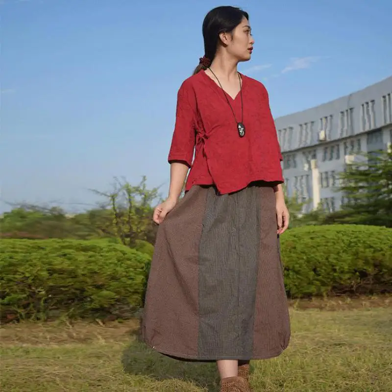 

Johnature Autumn Patchwork Casual Vintage Pockets Elastic Waist Checkered Skirt 2019 New Comfortable Plaid All-match Women Skirt