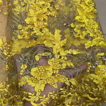 

Wholesales lace fabric 2020latest African French net Lace fabric with heavy beads lace For Evening party Long Dresses yellow