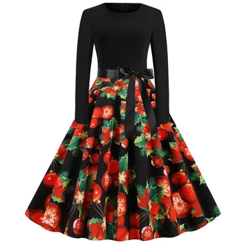 

Casual Women Long Sleeve Winter Christmas Dress Elegant Vintage Print Big Swing Holiday Xmas Dress Robe Femme Plus Size Vestidos