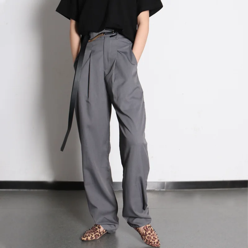 

High Waist Suit Pants Women Gray Loose Oversized Harem Pleated Floor Length Trousers Brand Office Lady OL Casual Leisure Wear