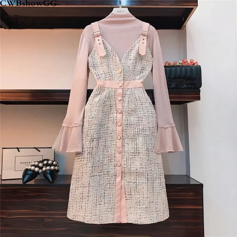 CWBshowGG Autumn And Winter Ladies Pink 2 Piece Set Women Knit Top + Single-Breasted Plaid Tweed Spaghetti Strap Dress 2 Set