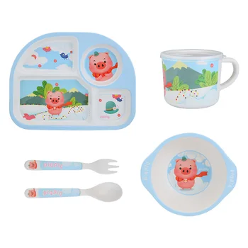 

Cute Pig 5 Set Healthy Children's Cutlery Set Bamboo Fiber Student Cutlery Bowl Spoon Fork Cup Plate Set 2 Styles Baby Tableware