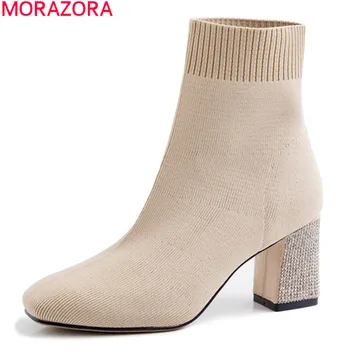 

MORAZORA 2020 New women boots thick high heels square toe solid color ankle boots winter fashion simple ladies shoes