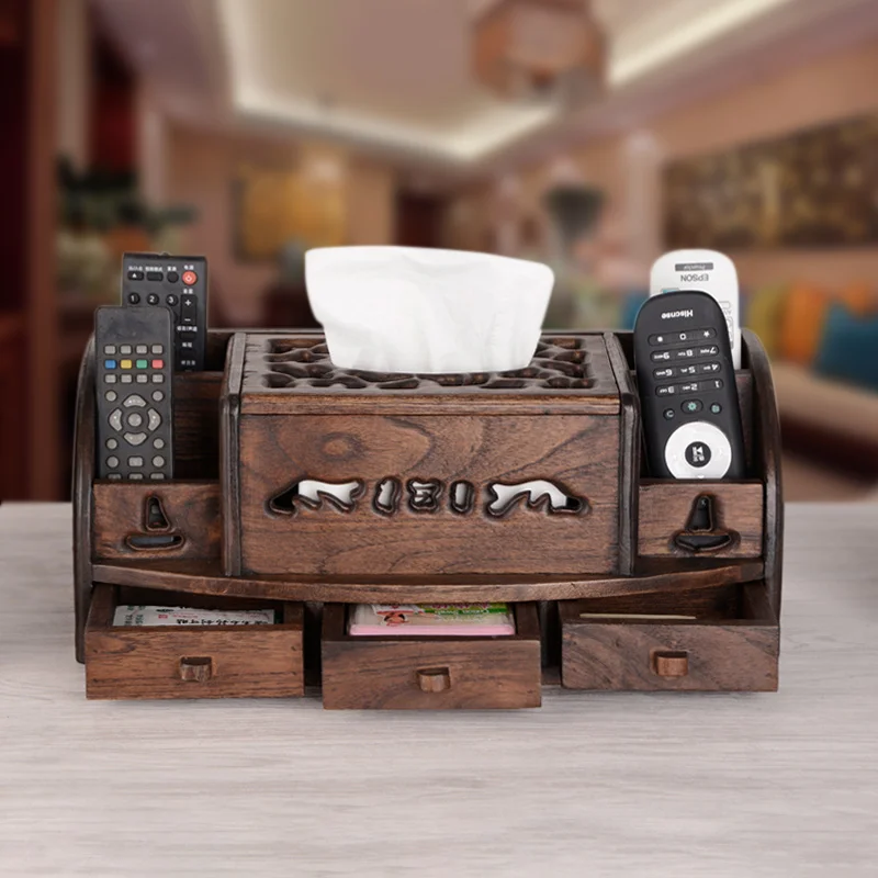 

Solid wood multi-function remote control storage box creative retro drawing box of living room paper coffee table drawer