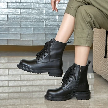 

New Female Platform Boots Cross Tied Chunky Heels Winter Genuine Leather Women Ankle Boots Casual Shoes Woman