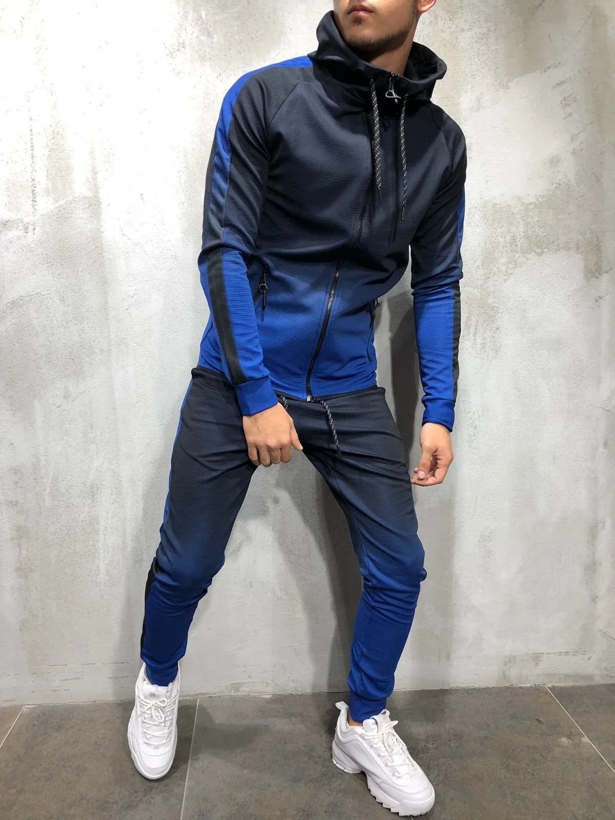 Zogaa Zipper Tracksuit Men Sets 3D Print Sports 2 Pieces Sweatsuit Men Clothes Printed Hooded Sweatshirt+ Pants Track Suit Male - Цвет: Синий