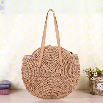 

Round Straw Beach Vintage Handmade Woven Shoulder Bag Raffia Circle Rattan Bags Bohemian Summer Vacation Casual Big Capacity