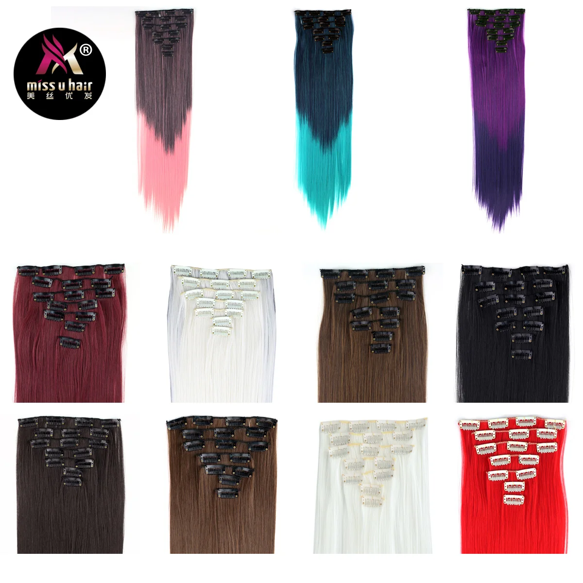 Miss U Hair 24" 130g-135g Women Long Straight Synthetic Clip in on Hair Extensions Pieces 7pcs/set Heat Resistent Fiber