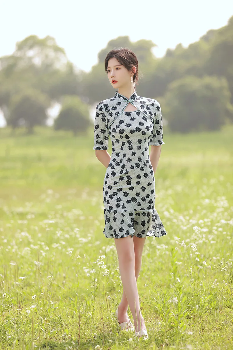 Vintage Button Hollow Out Chinese Dress Sexy Slim Ruffle Cheongsams Classic Banquet Gown Sweet Print Qipao Prom | Тематическая