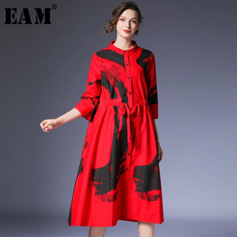 

[EAM] Loose Fit Button Drawstring Print Jacket New Lapel Three-quarter Sleeve Women Coat Fashion Tide Autumn Winter 2019 JZ256