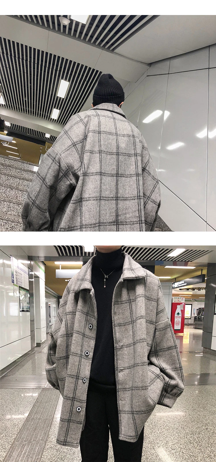 Winter New Woolen Coat Men Fashion Retro Casual Plaid Jacket Coat Man Streetwear Wild Loose Bomber Jacket Male Clothes S-XL