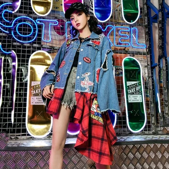 

High Street Plaid Spliced Denim Coat Patchwork jeans jacket women Autumn Holes print Frayed Asymmetric Jacket Outerwear NZY70