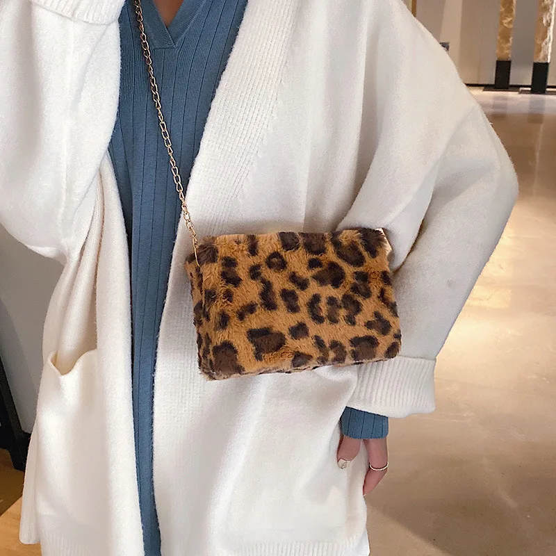 

Autumn And Winter Velvet Bag 2019 New Style INS GIRL'S Leopord Pattern Square Sling Bag Cute Chain Crossbody Bag