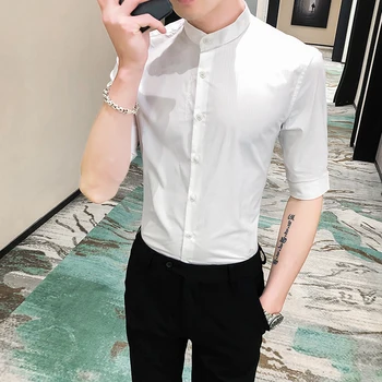 

2020 Summer Men Striped Shirt Stand Collar Slim Fit Mens Casual Shirts Half Sleeve Simple All Match Streetwear Blouse Homme 3XL
