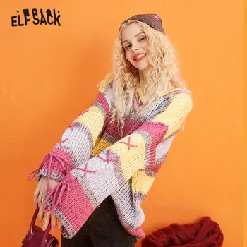 

ELFSACK Multicolor Striped Colorblock Casual Knit Pullover Sweater Women 2019 Winter Criss Cross Lace Up Long Sleeve Ladies Tops