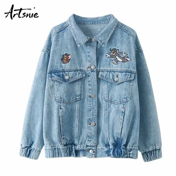 

Artsnie streetwear cartoon print denim jacket women spring 2020 turn down collar long sleeve pockets coats femme loose jackets