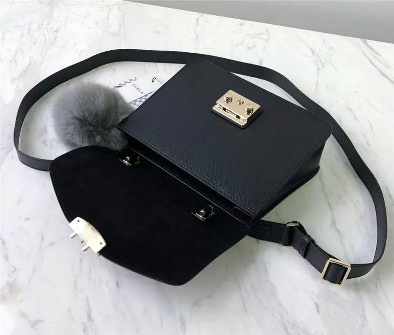 Оригинальные женские сумки FURLA, высокое качество, большие размеры, женские меховые кожаные сумки черного цвета, Размер 23 см* 8 см* 17,5 см