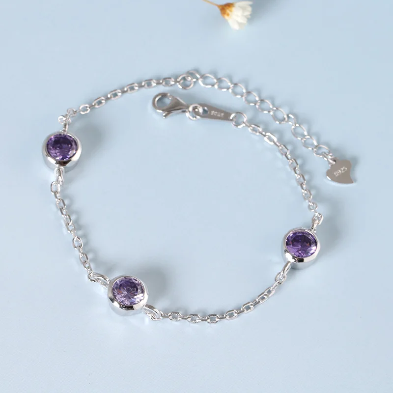 925 Браслеты стерлингового серебра Для женщин 3 шт. натуральный фиолетовый камень 20 см Длина простой браслет для Для женщин Модные украшения