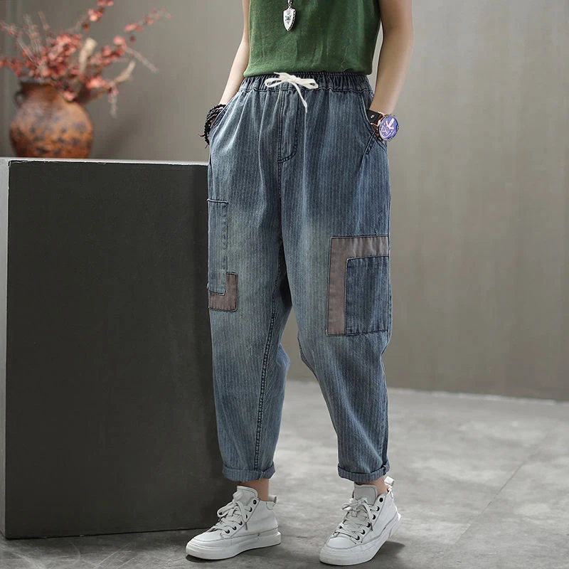New Spring Korea Fashion Women Elastic Waist Loose Vintage Stripe Jeans Patchwork Embroidery Denim Harem Pants Plus Size S725 New Spring Korea Fashion Women Elastic Waist Loose Vintage Stripe Jeans Patchwork Embroidery Denim Harem Pants Plus Size S725
