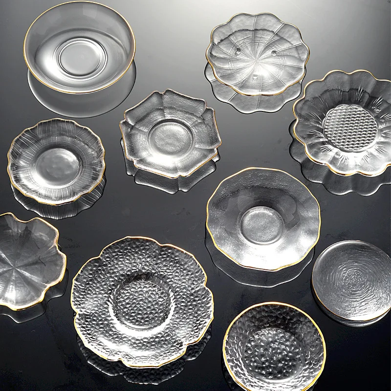 Glass Cup Japanese Style Glass Tea Cup Saucer Mat Pad with Glod Rim for Kung Fu Tea Coffee Coaster Jewelry Storage Trinket Dish