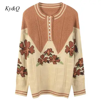 

Brand Design Women Pullover Korean Version Lazy Wind Loose Sweater Flower Embroidery O-neck Sweater Winter 2019 Vintage Clothes