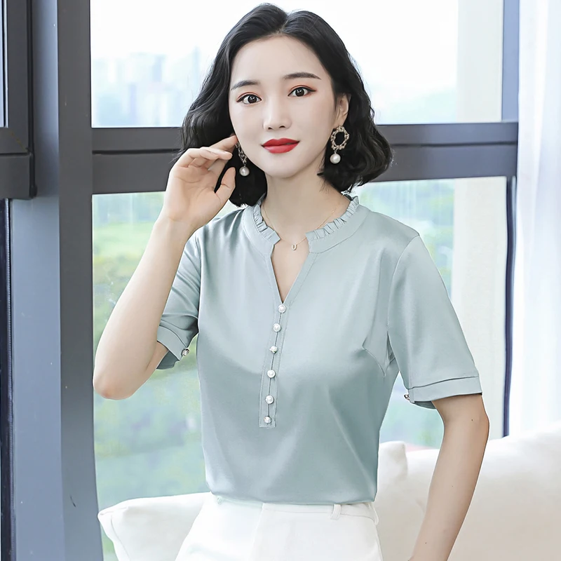 

Korean Silk Women Blouses Shirt Women V-neck Silk Blouse Shirt Woman Satin Solid Blouse Tops Blusas Femininas Elegante Solid