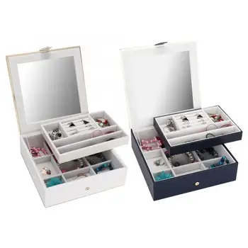 

2 Layers Jewelry Display Holder Box PU Leather Earrings Rings Bracelet Jewelry Storage Case Holder Organizer Box with Mirror