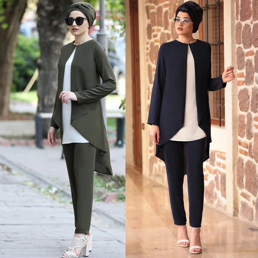 Conjuntos de dos piezas Tops y pantalones de las mujeres de Turquía musulmana establece diseño asimétrico con varias telas Ramadán vestido Abaya Kaftan ropa islámica de la Eid conjunto