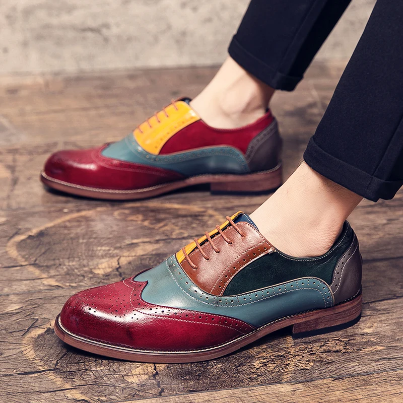 Male Business Dress shoe Colorful Lace up Fashion Man Casual Leather Oxfords shoes Flat Leisure Wedding Party shoe Men Big Size